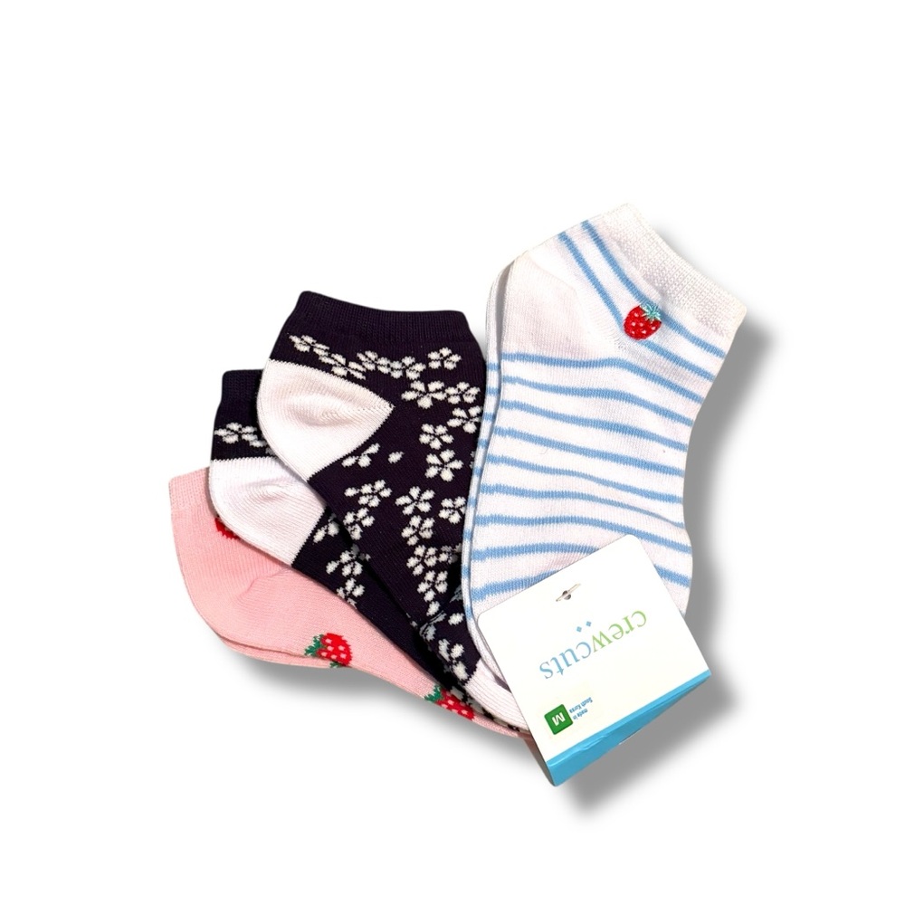 J. Crew Crewcuts NWT Girls Ankle Socks 3-Pack Floral Strawberry Size Medium Gift